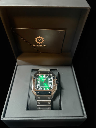 Watch with green face in a BC Watches box