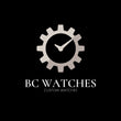 Logo of BC Watches with a gear and clock design on a black background