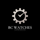 Logo of BC Watches with a gear and clock design on a black background